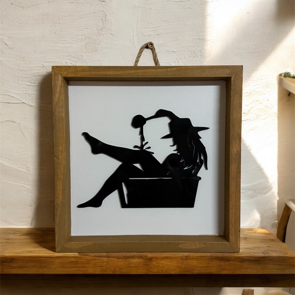 Bathing Cowgirl Silhouette Wall Art with Wooden Frame